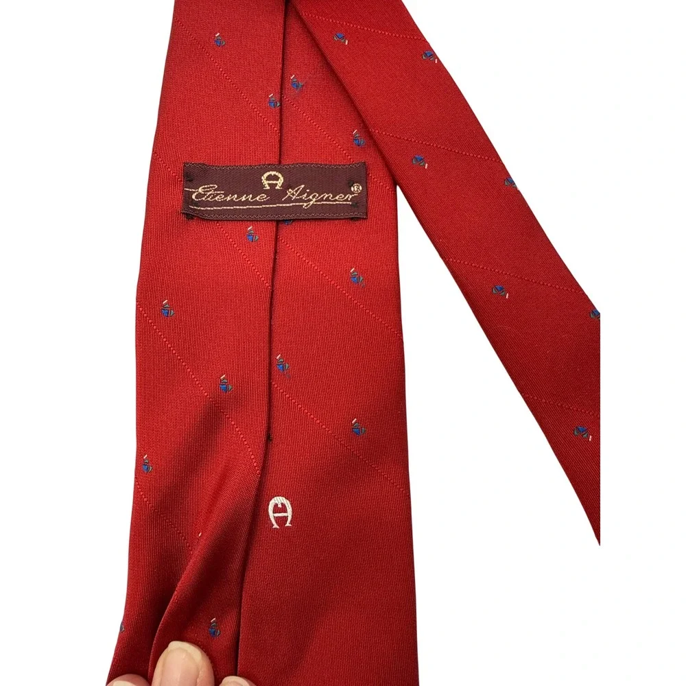 Etienne Aigner Necktie Red Excellent Vintage Horseshoe Logo Pattern